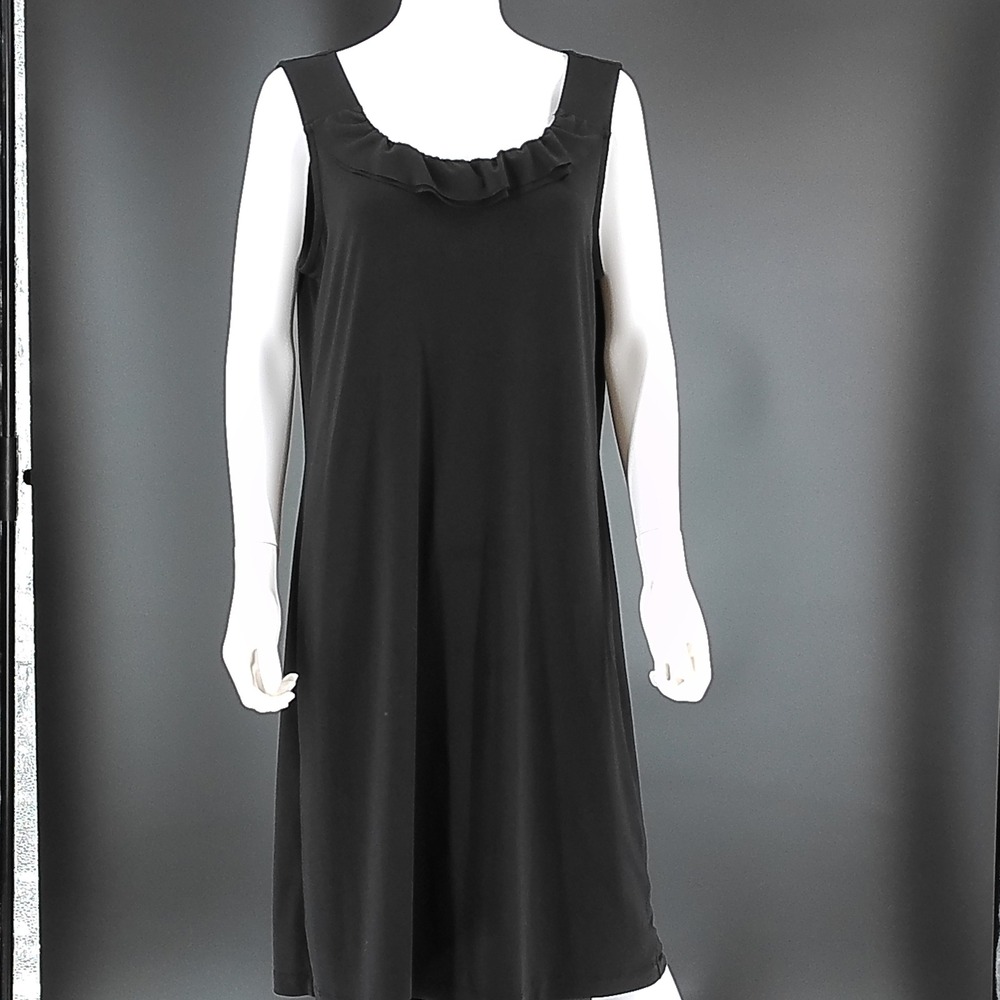 Dana Buchman Black Ruffle Neck Sleeveless Shift Dress Womens Large RN 73277